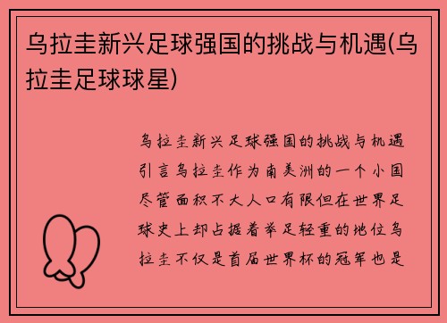 乌拉圭新兴足球强国的挑战与机遇(乌拉圭足球球星)