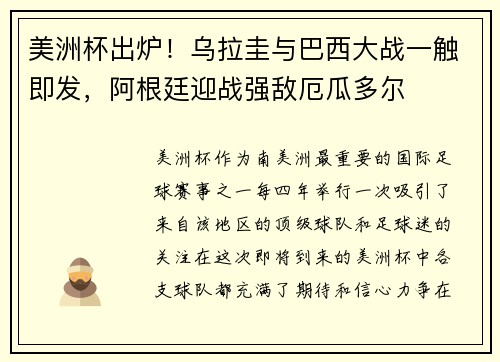 美洲杯出炉！乌拉圭与巴西大战一触即发，阿根廷迎战强敌厄瓜多尔