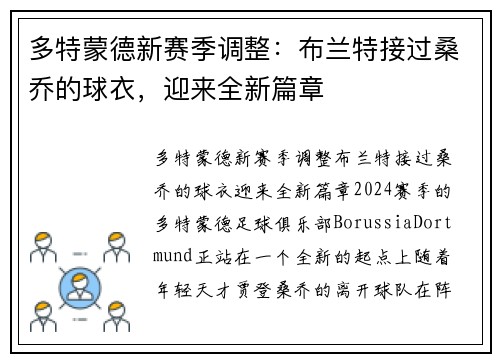 多特蒙德新赛季调整：布兰特接过桑乔的球衣，迎来全新篇章