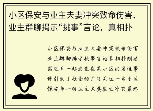 小区保安与业主夫妻冲突致命伤害，业主群聊揭示“挑事”言论，真相扑朔迷离