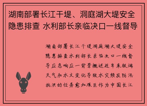 湖南部署长江干堤、洞庭湖大堤安全隐患排查 水利部长亲临决口一线督导应急响应