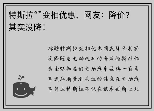 特斯拉“”变相优惠，网友：降价？其实没降！