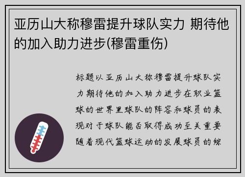 亚历山大称穆雷提升球队实力 期待他的加入助力进步(穆雷重伤)
